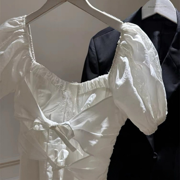 White Lace Puff Sleeve Mini Dress - Picture 3 of 9